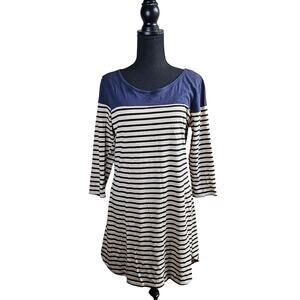 Umgee Navy Cream Striped Casual Comfort Knit Dress 3/4 Sleeves Size Large